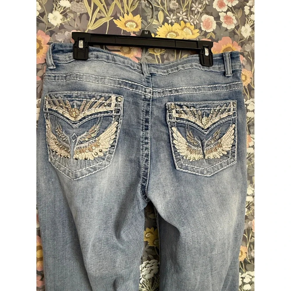Womens Embellished Bootcut Jeans Light Wash Rhinestone Wings Size M